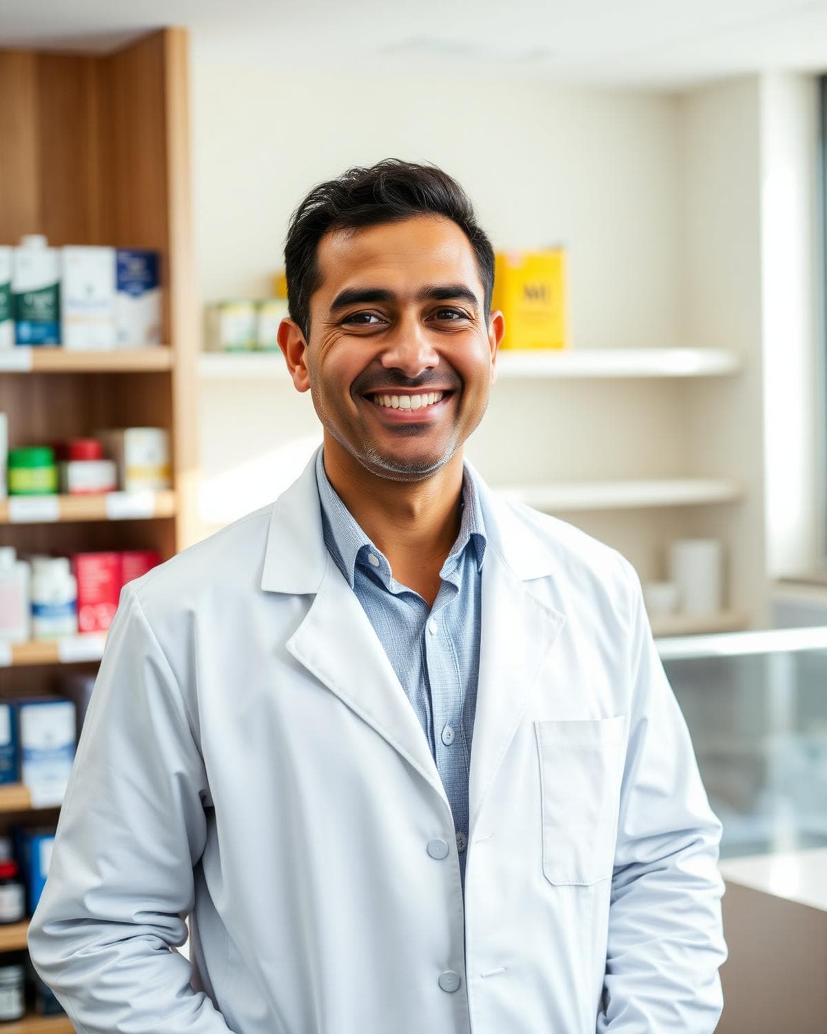 Imran Patel, superintendent pharmacist at New Inn Pharmacy, smiling behind the counter