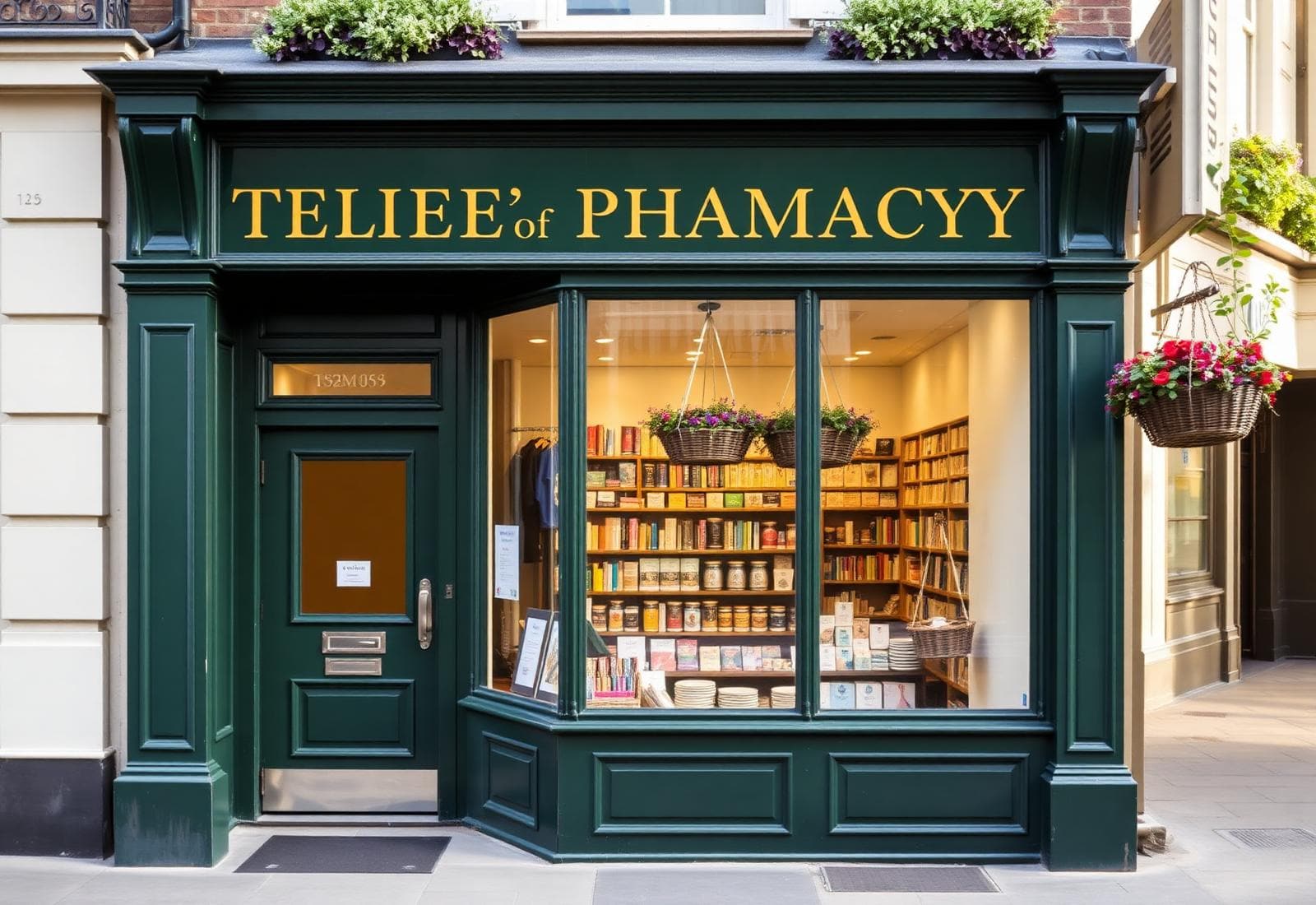 The New Inn Pharmacy shopfront on a sunny New inn street